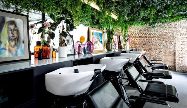 The basins and planted ceiling at Josh Wood Atelier